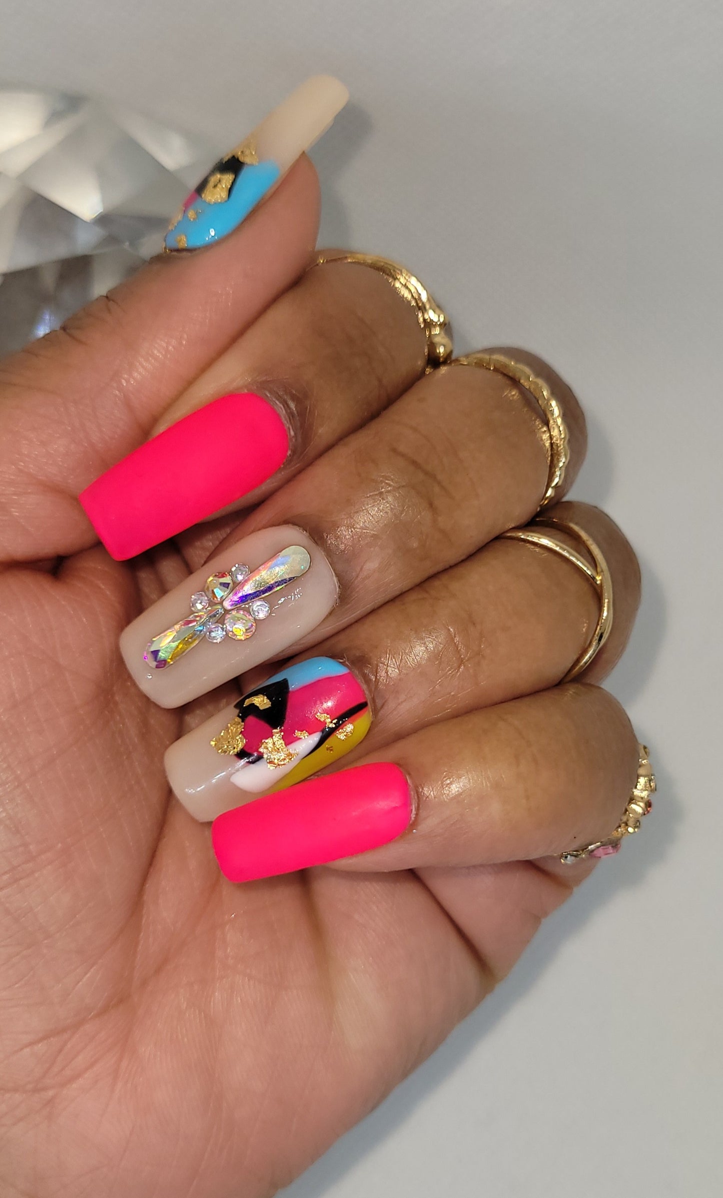 I'm different Pink abstract nails with diamond accent finger handmade gel press on nails