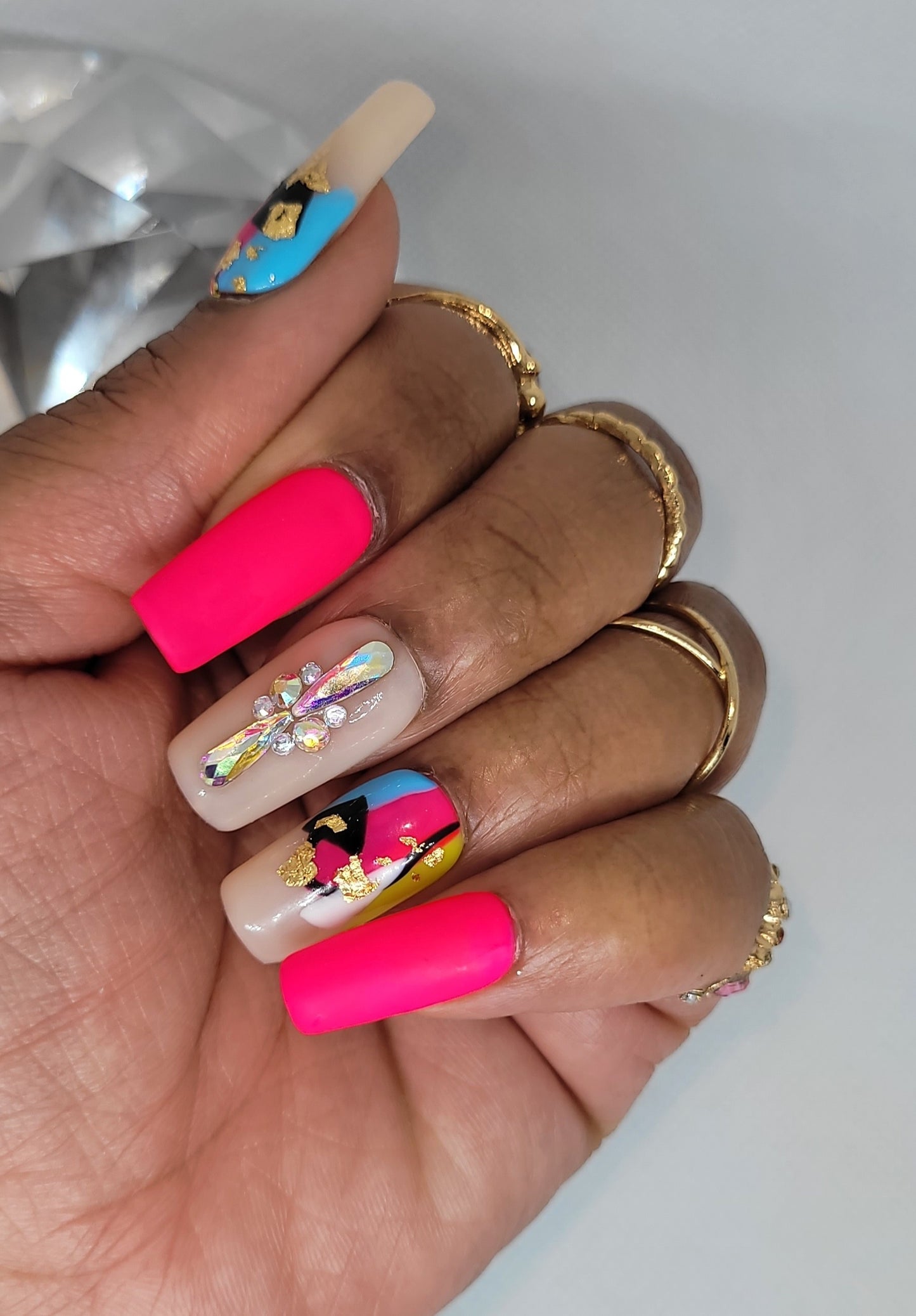 I'm different Pink abstract nails with diamond accent finger handmade gel press on nails