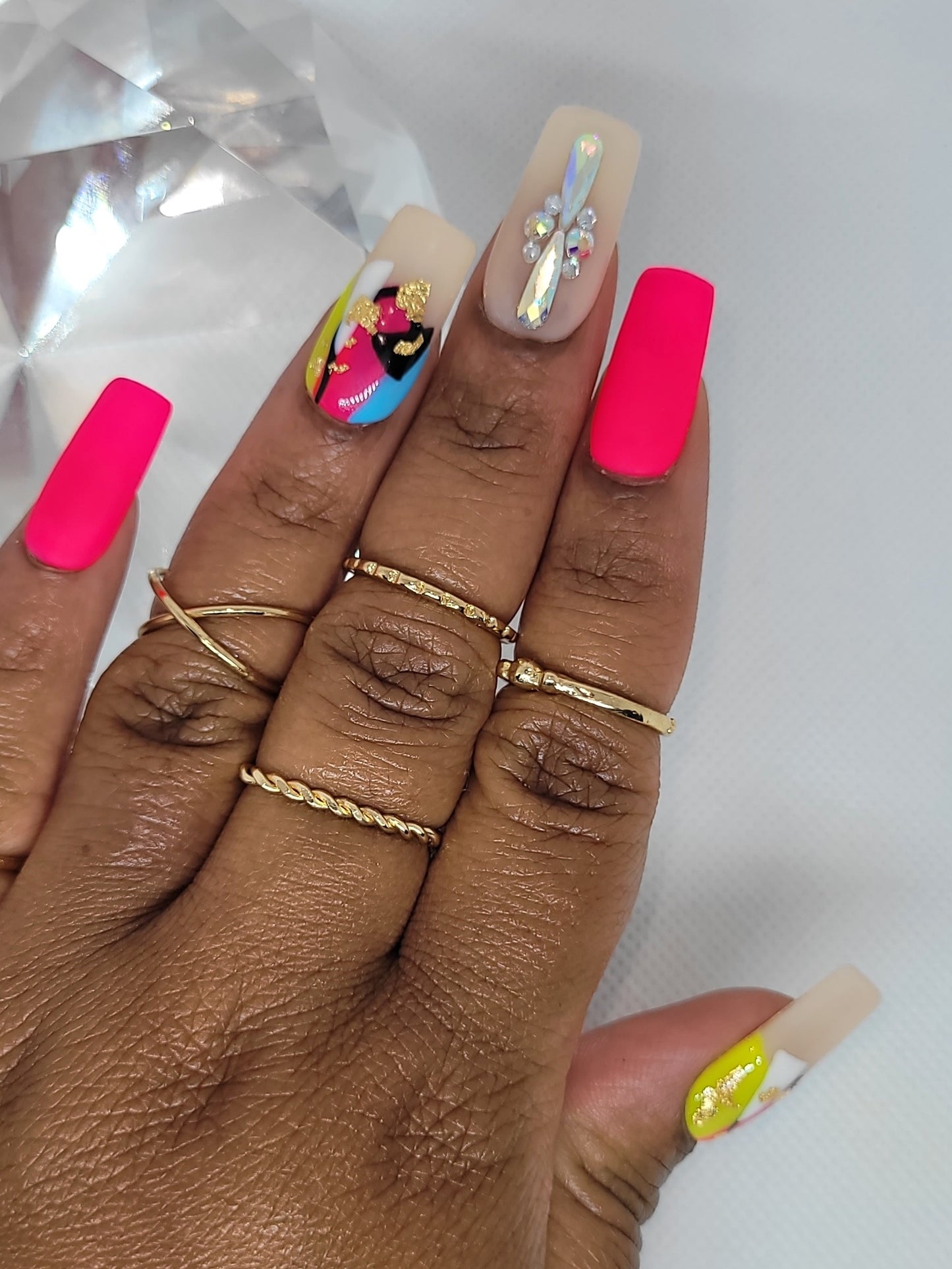 I'm different Pink abstract nails with diamond accent finger handmade gel press on nails
