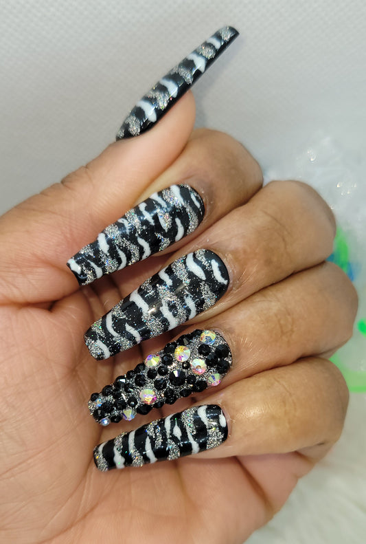 Zebra Prints luxury handmade press on gel nails with accent bling nail