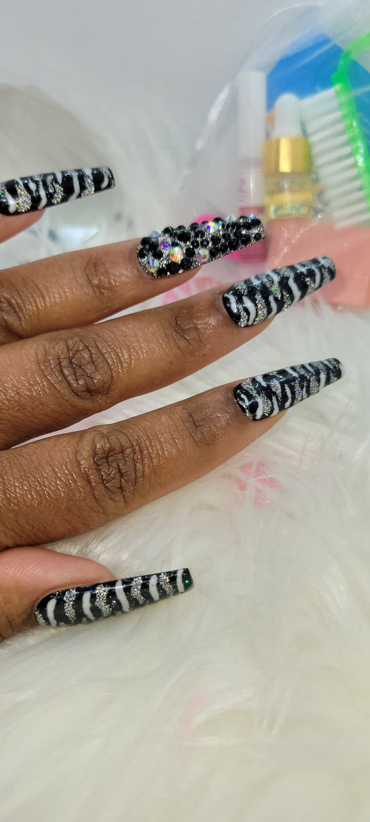 Zebra Prints luxury handmade press on gel nails with accent bling nail