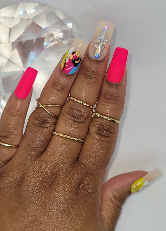 I'm different Pink abstract nails with diamond accent finger handmade gel press on nails