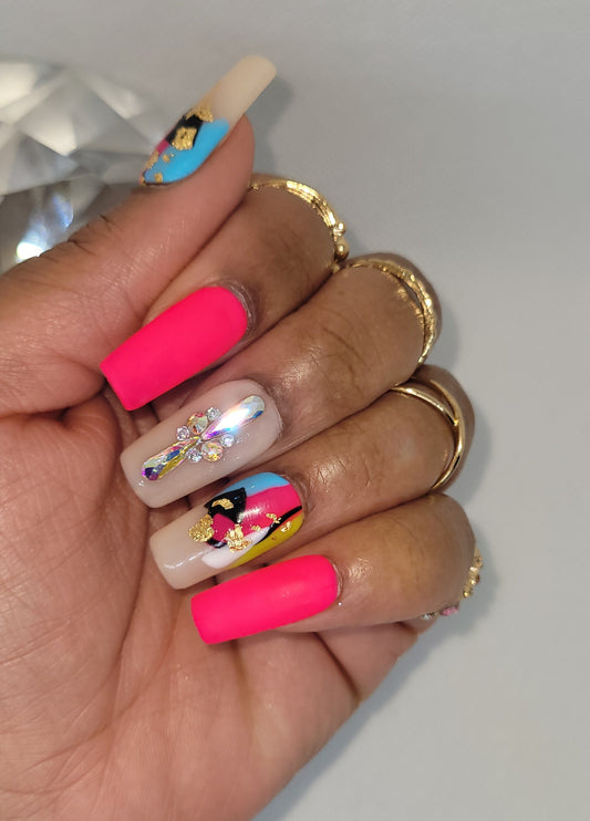 I'm different Pink abstract nails with diamond accent finger handmade gel press on nails