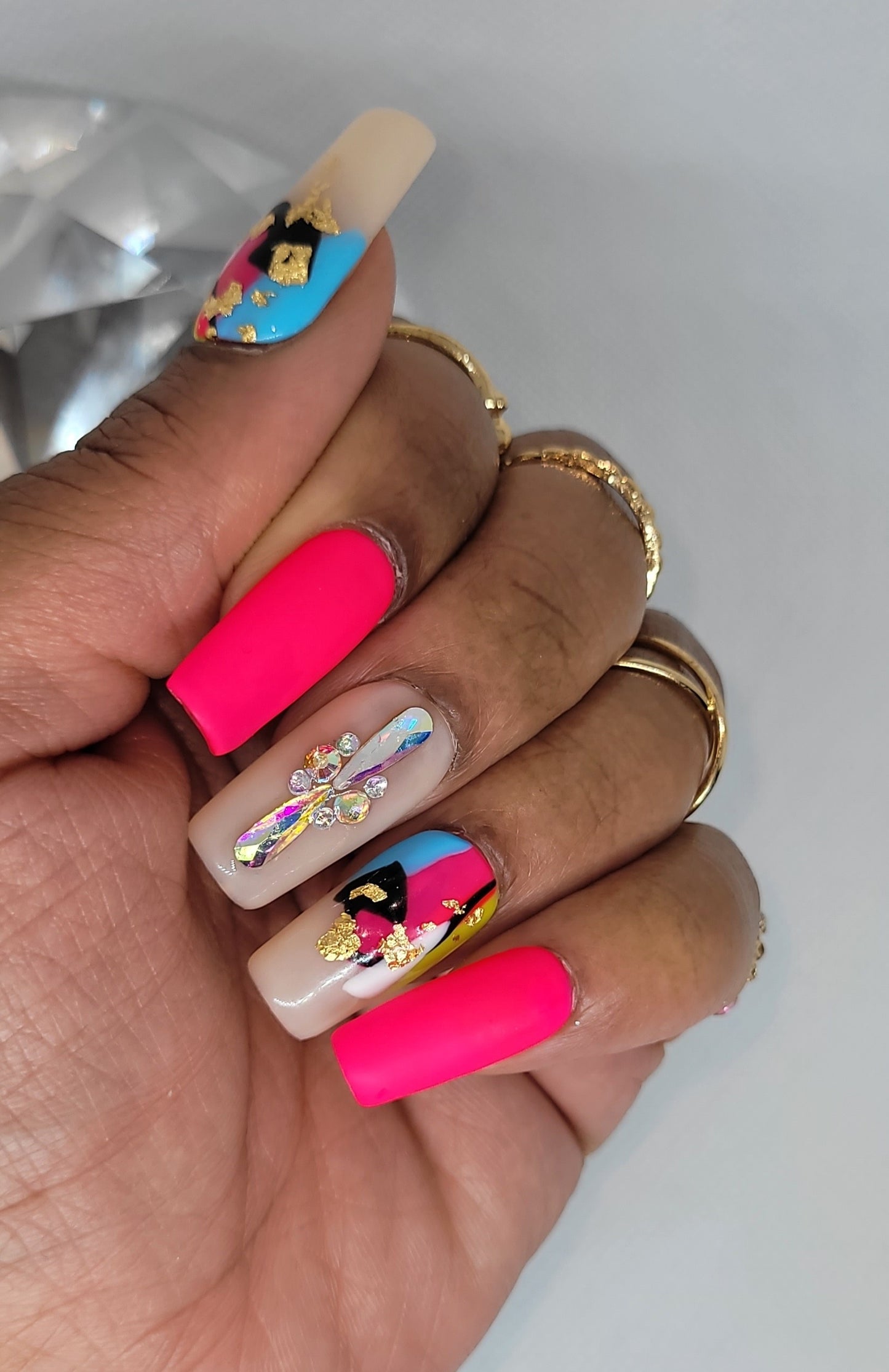 I'm different Pink abstract nails with diamond accent finger handmade gel press on nails