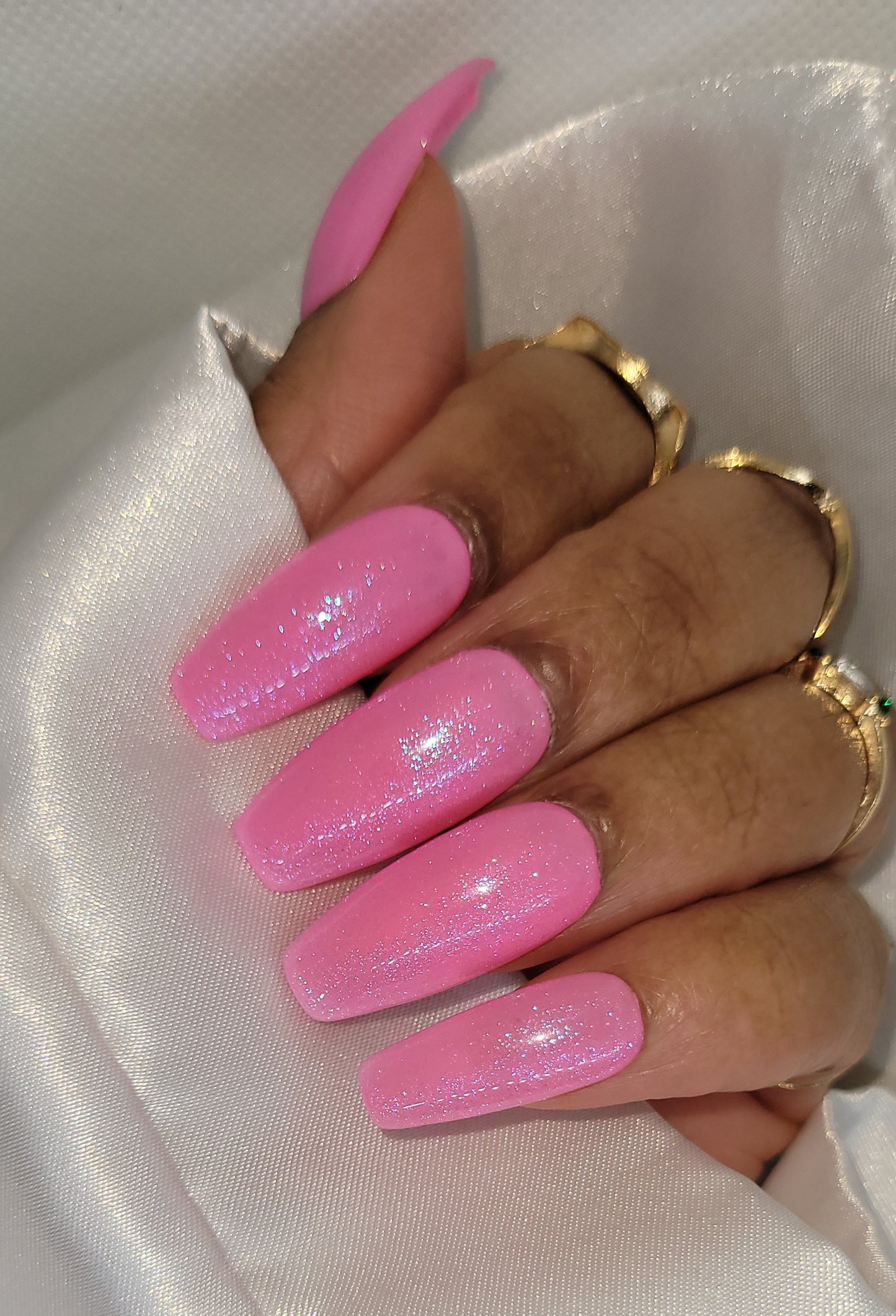 Pink Shimmer 24 piece set Long Ballerina no measurement required luxury handmade gel press on nails