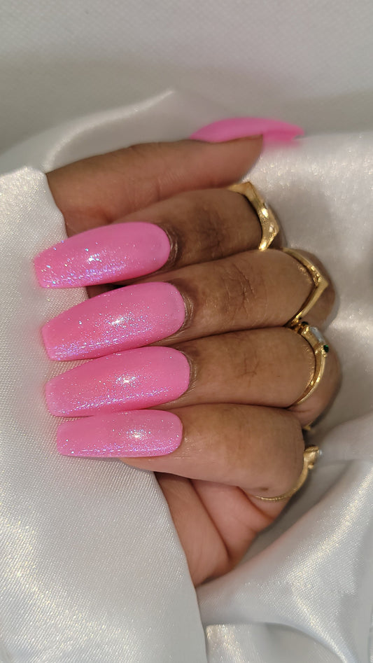 Pink Shimmer 24 piece set Long Ballerina no measurement required luxury handmade gel press on nails